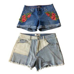 2 pairs Shorts Boho Style Embroidered & Two-Tone Denim Womens Size 9